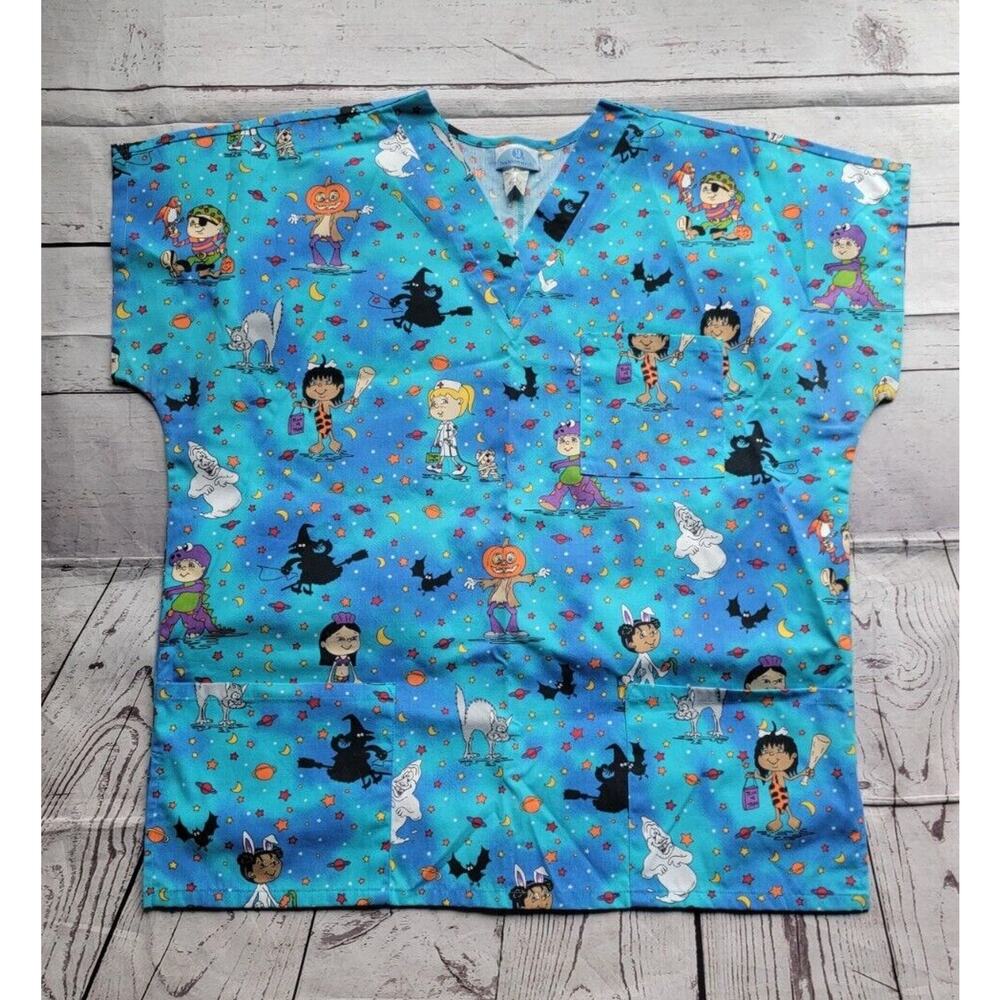 SB Fashion Scrubs Halloween Scrub Top Shirt Large pumpkin Black Cats Costume #30